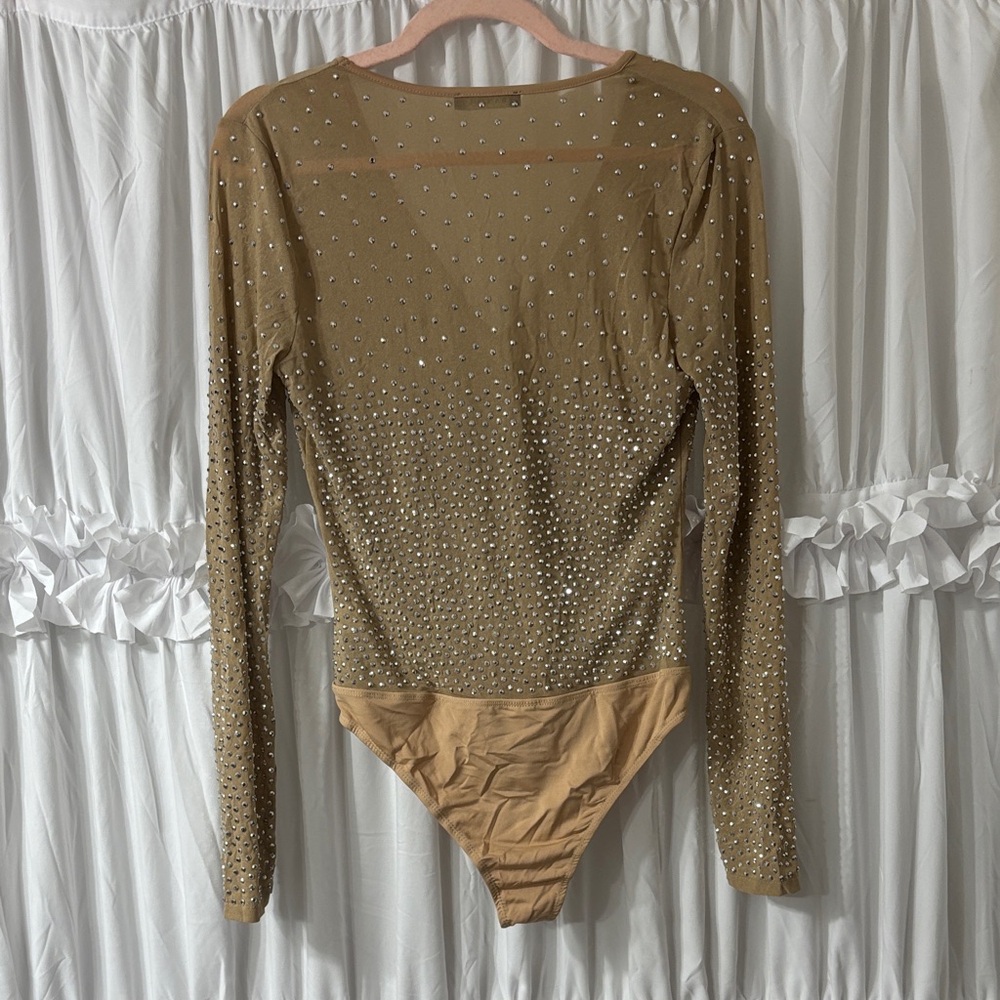 Elegant Tan Rhinestone Bodysuit By View 4